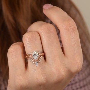 Art deco oval cut cz engagement rings set, Promise rings set, Art nouveau womens wedding rings set, Unique 14k rose gold bridal rings set image 9