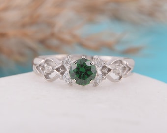 Vintage style sterling silver art deco emerald engagement ring, Antique victorian emerald promise ring for her, Emerald silver wedding ring