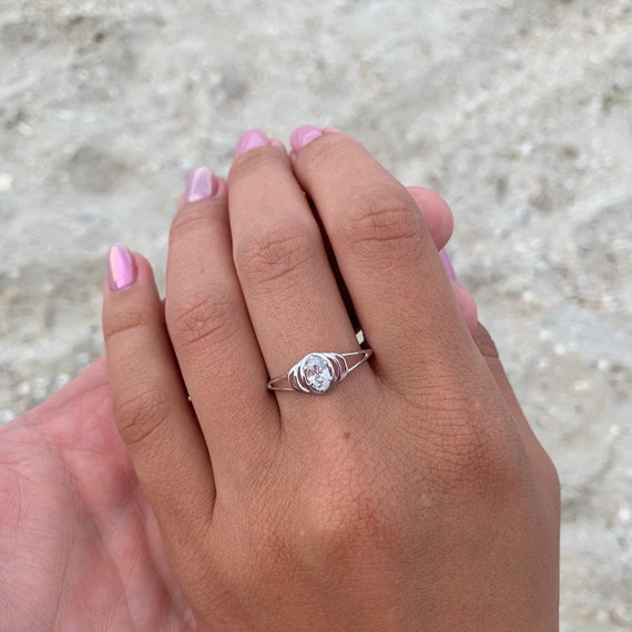 Simple dainty 925 sterling silver art deco promise ring for her Unique womens solitaire promise ring Small delicate silver engagement ring