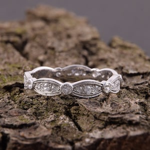 Half eternity art deco wedding band for her, Unique sterling silver womens white cz wedding band, Gift for woman, Gift ring for girlfriend