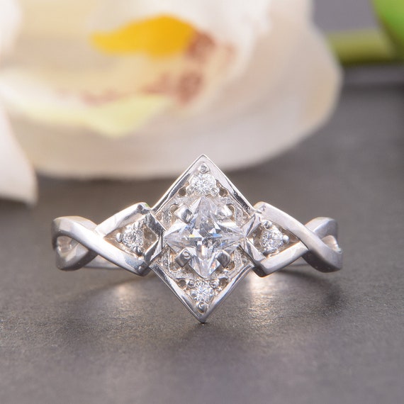 Unique Geometric Art Deco Womens Princess Cut Cz Engagement Ring