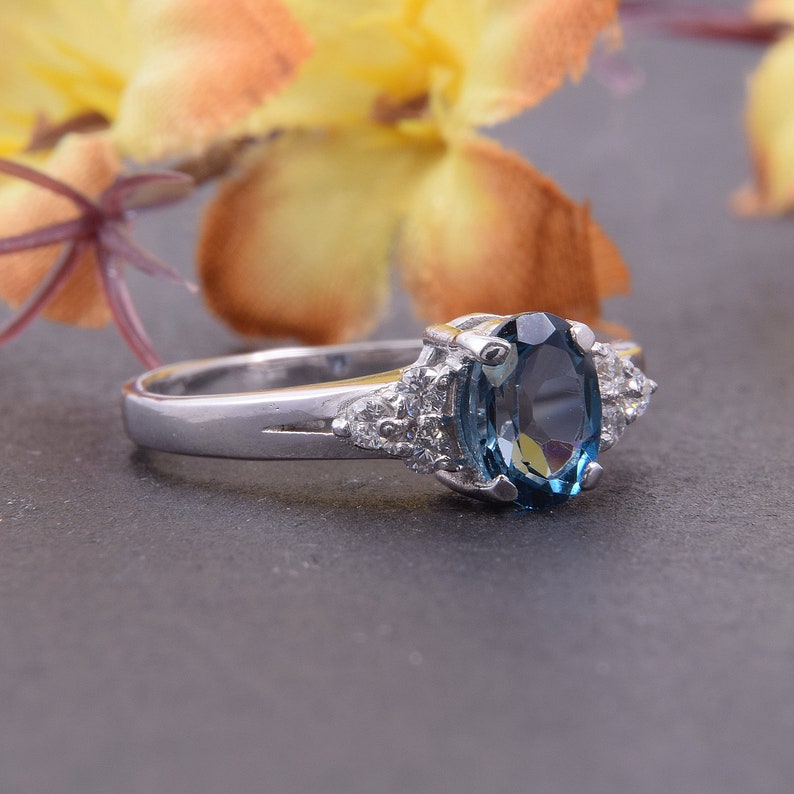 Womens 925 sterling silver art deco style london blue topaz promise ring, Dainty oval cut blue topaz promise ring for her, Ring gift for her image 7