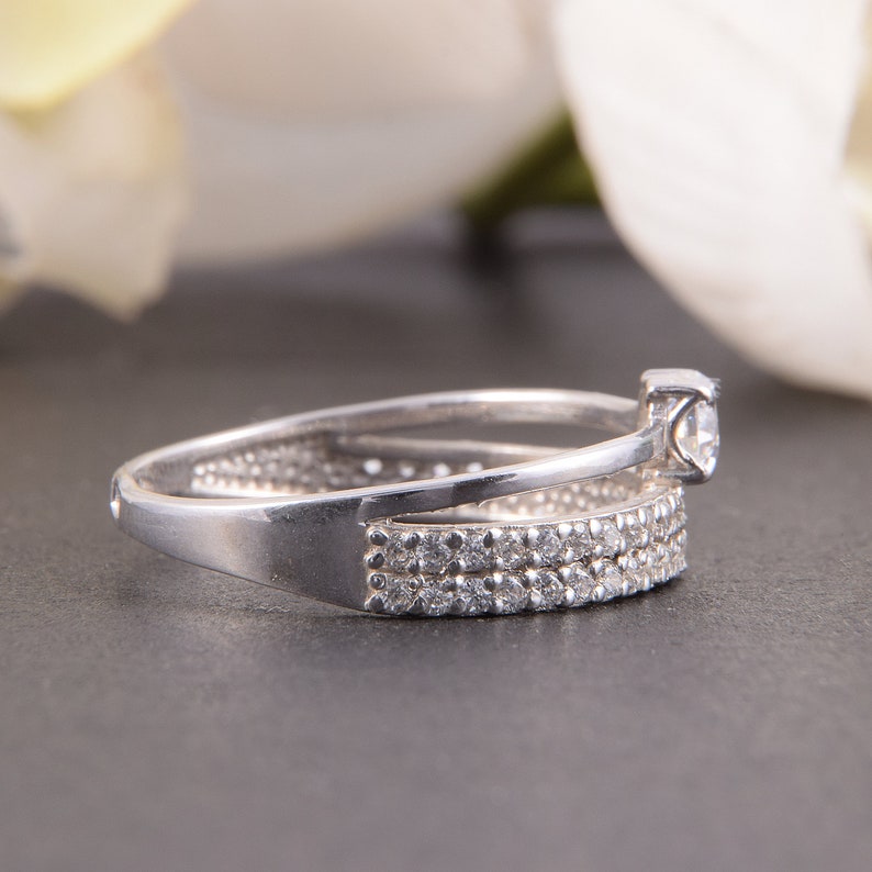 Unique wedding band White stone ring,CZ wedding band,Elegant ring Wide wedding band Silver wedding band Round cut ring Multistone ring