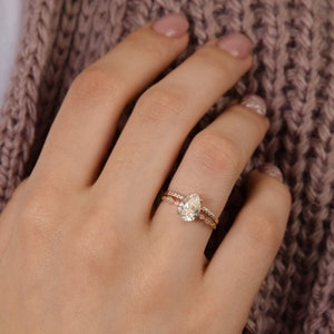Unique victorian pear cut cz engagement rings set, Promise rings set for her,Dainty & simple 14k rose gold art deco womens wedding rings set