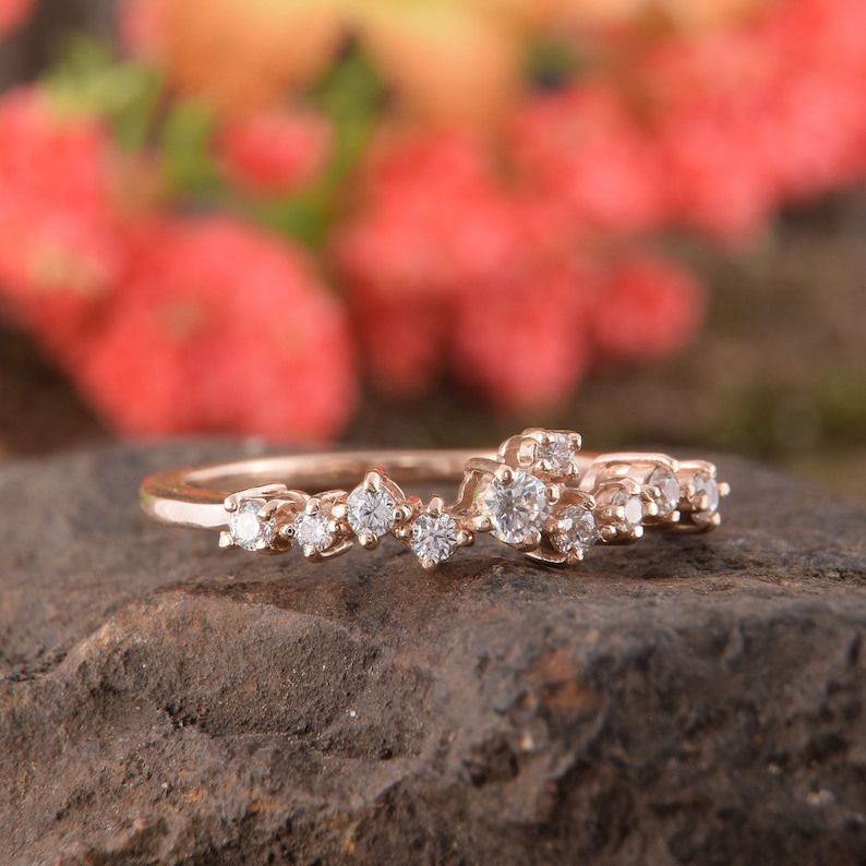 Art Deco Wedding Band Cluster Wedding Band Rose Gold Womens Wedding Band Unique Wedding Band Cluster Ring