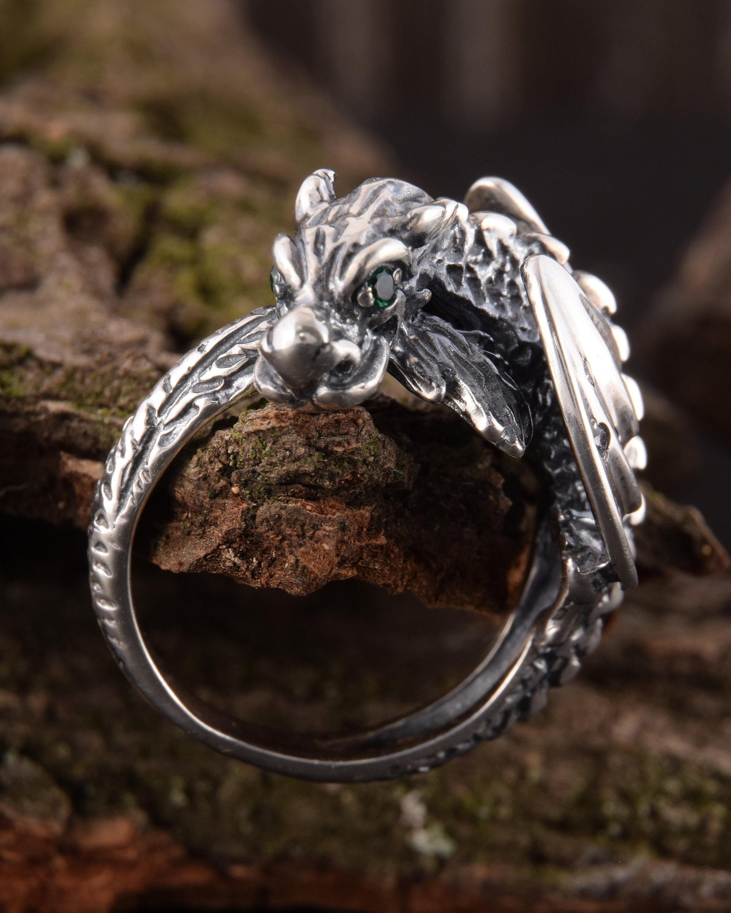 Sterling Silver Dragon Ring, Emerald Eye Gothic Fantasy Statement