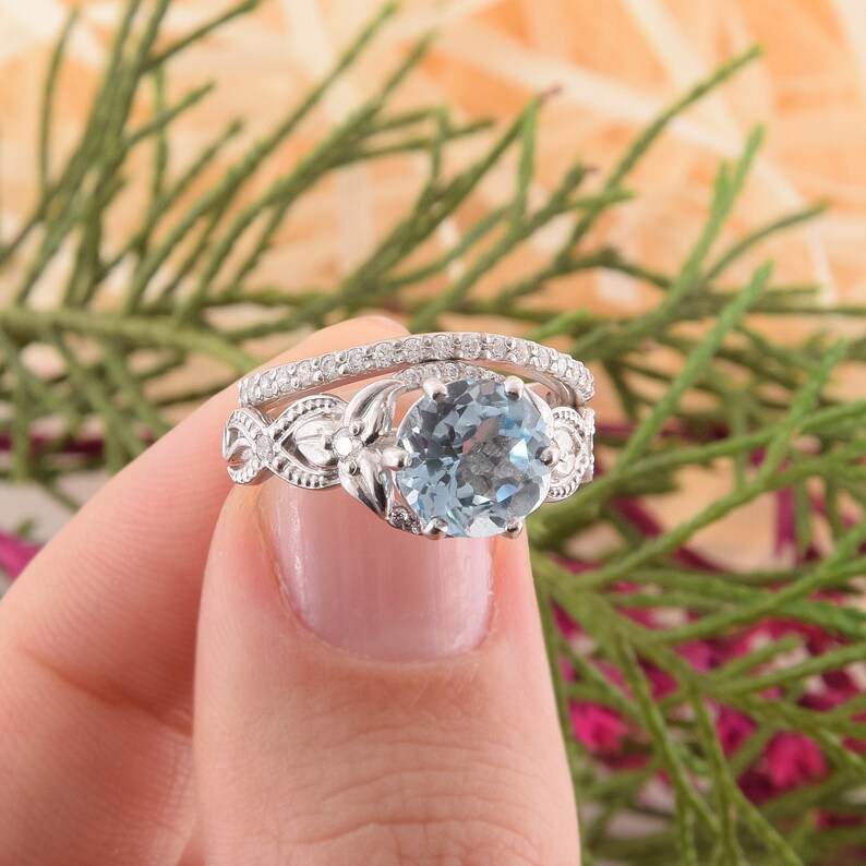 Blue Topaz Wedding Rings Set Antique Wedding Rings Set Etsy