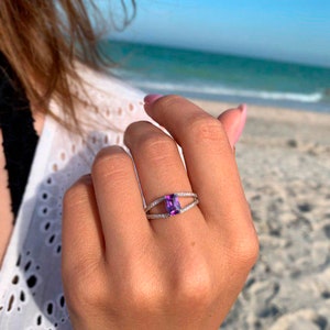 Amethyst ring, Anniversary ring, Unique wedding ring, Women wedding ring, Purple stone ring, Baguette cut ring, February birthstone