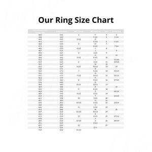 May include: A chart showing ring sizes in different measurement systems, including US, UK, Canada, and Switzerland. The chart lists ring sizes from 3 to 13 1/2, with corresponding measurements in millimeters.