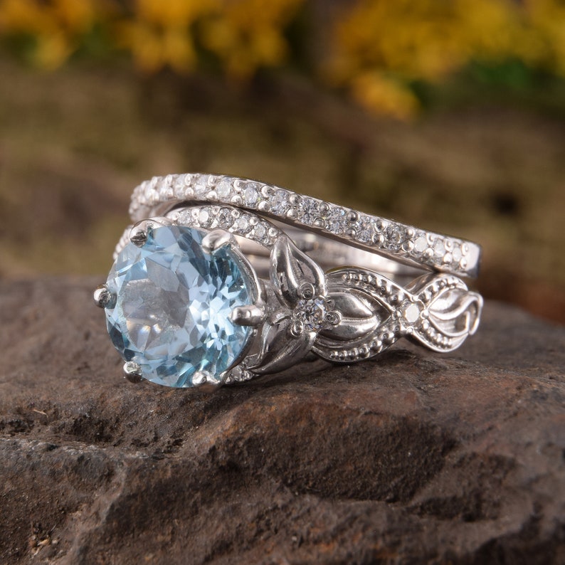 Blue Topaz Wedding Rings Set Antique Wedding Rings Set Etsy