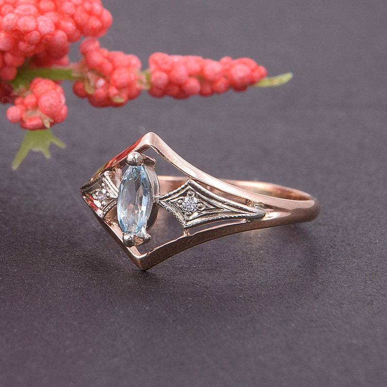 Art deco ring, Topaz ring, Gemstone ring, Geometric ring, Promise ring, Antique ring, Birthstone ring, Marquise ring, Rose gold ring image 8