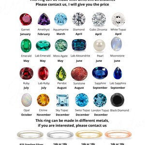 Puede incluir: Un gr&aacute;fico que muestra diferentes piedras de nacimiento y sus meses correspondientes. El gr&aacute;fico tambi&eacute;n muestra diferentes opciones de metal para un anillo, incluyendo plata de ley, oro blanco, oro amarillo y oro rosa.
