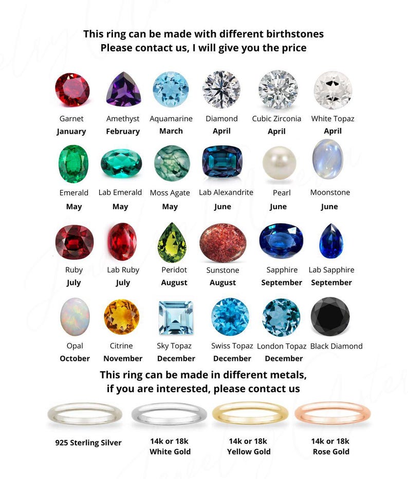 Puede incluir: Un gr&aacute;fico que muestra diferentes piedras de nacimiento y sus meses correspondientes. El gr&aacute;fico tambi&eacute;n muestra diferentes opciones de metal para un anillo, incluyendo plata de ley, oro blanco, oro amarillo y oro rosa.