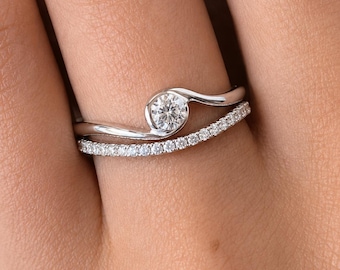 Elegant CZ-brudringsset, sterlingsilver med två ringar, böjt bröllopsset för henne