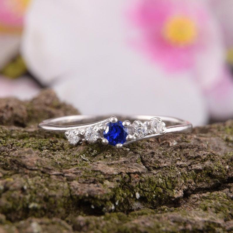 Sapphire ring, Multistone ring, Sapphire jewelry, Engagement ring, Blue stone ring, Sterling silver ring, Women silver ring, Minimalist ring image 1