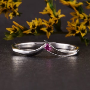 Small & delicate 925 sterling silver chevron ruby wedding band for her, Dainty minimalist womens ruby wedding band, Tiny wedding band