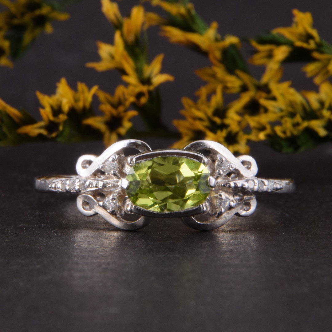 Unique Womens Peridot Engagement Ring, Art Deco Engagement Ring for Her ...