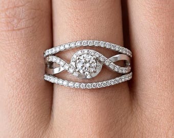 Elegant CZ-brudringsset, sterlingsilver med tre ringar, böjt bröllopsset för henne