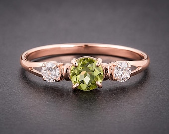 Dainty 14k Rose Gold Peridot Promise Ring, Three Stone August Birthstone Engagement Ring