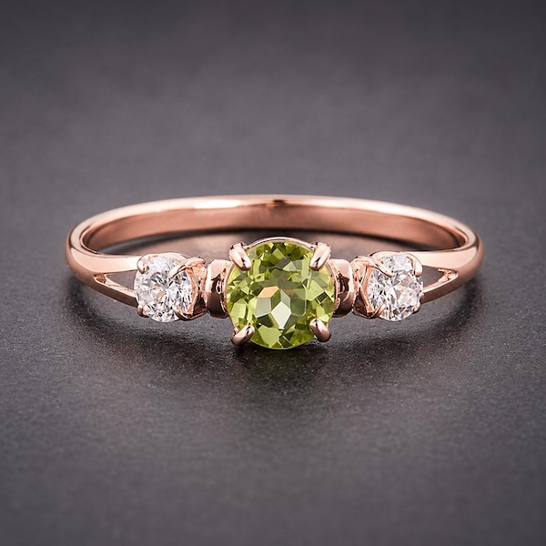 Dainty 14k Rose Gold Peridot Promise Ring, Three Stone August Birthstone Engagement Ring