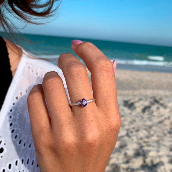 Amethyst Ring Silver Oval Cut Ring Promise Ring Silver Women