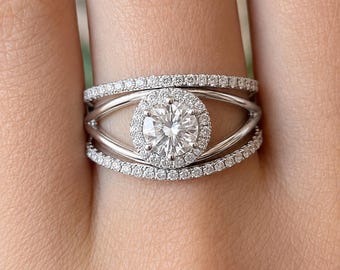 Elegant CZ-brudringsset, sterlingsilver med tre ringar i halo-form för henne