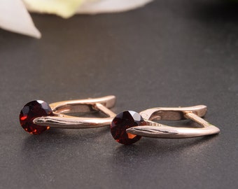 Dainty 14k Rose Gold Garnet Drop Earrings, Minimalist January Birthstone Dangle Earrings, Elegant Leverback Earrings