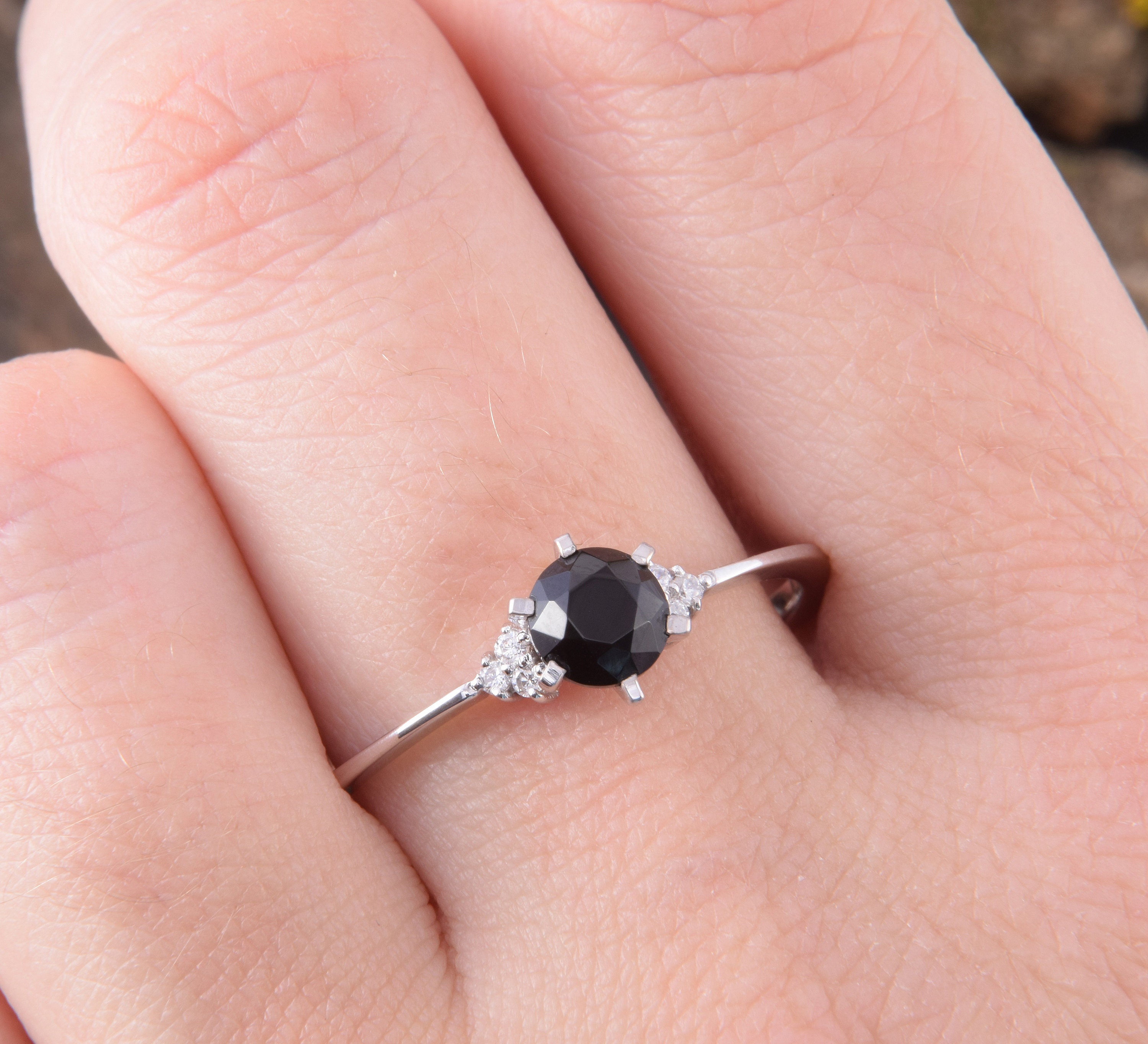 14k white gold black onyx promise ring for her Small & dainty Etsy