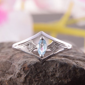 14k solid white gold art deco sky topaz promise ring for her, Unique dainty antique style womens engagement ring, Vintage style promise ring