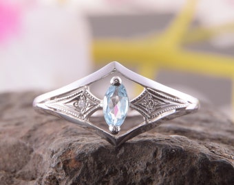 14k solid white gold art deco sky topaz promise ring for her, Unique dainty antique style womens engagement ring, Vintage style promise ring