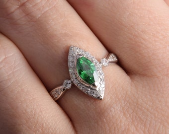 Antique style 925 sterling silver art deco womens emerald engagement ring, Dainty & elegant marquise cut emerald promise ring for her