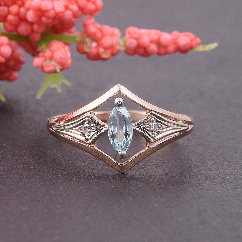 Art deco ring, Topaz ring, Gemstone ring, Geometric ring, Promise ring, Antique ring, Birthstone ring, Marquise ring, Rose gold ring image 7