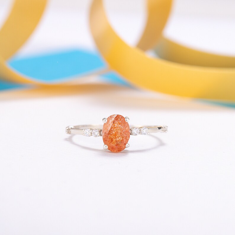 Women unique oval sunstone engagement ring, Minimalist silver sunstone promise ring, Anniversary ring gift, Gemstone ring, Birthday gift image 1