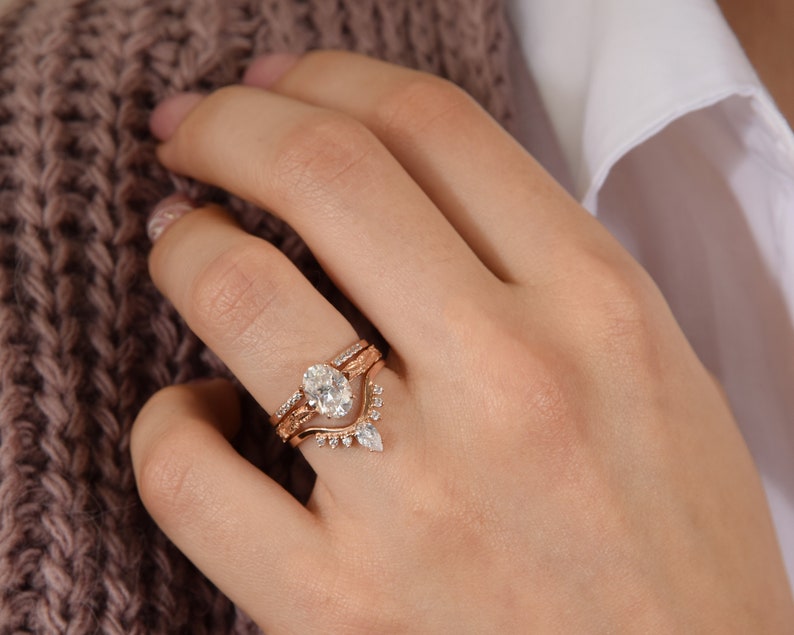 Art deco oval cut cz engagement rings set, Promise rings set, Art nouveau womens wedding rings set, Unique 14k rose gold bridal rings set image 1