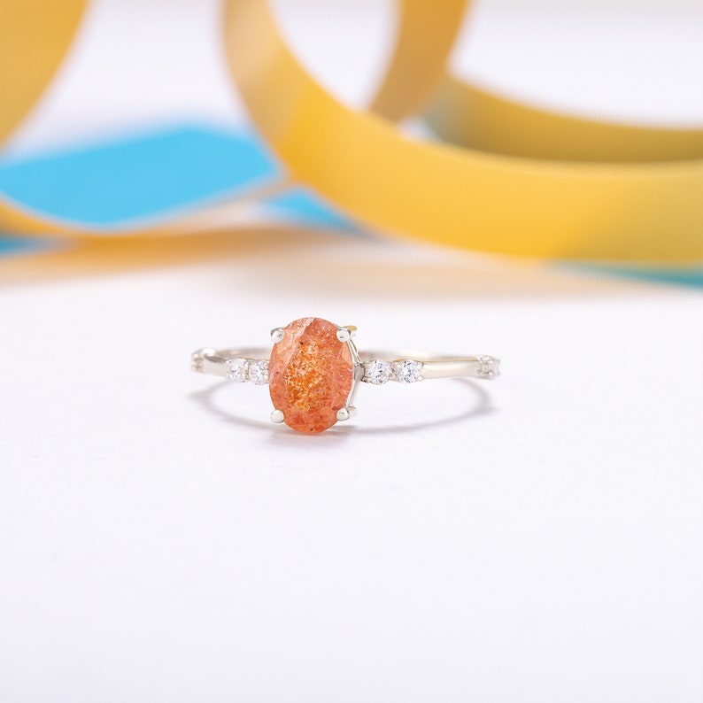 Women unique oval sunstone engagement ring, Minimalist silver sunstone promise ring, Anniversary ring gift, Gemstone ring, Birthday gift image 3