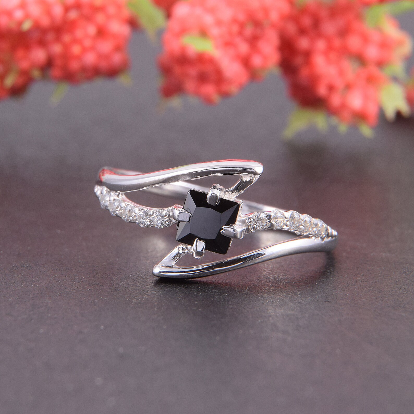Dainty 925 Sterling Silver Princess Cut Black CZ Ring, Geometric ...