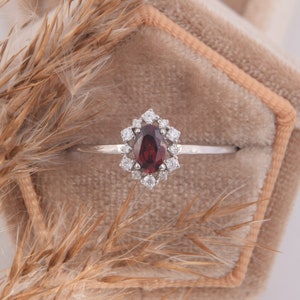 Unique dainty garnet promise ring for her, Antique art deco garnet wedding ring, Vintage silver victorian womens garnet engagement ring