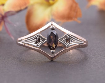 Unique gold art deco promise ring for her, Antique smoky quartz womens promise ring, Dainty & elegant womens engagement ring, Gift for her