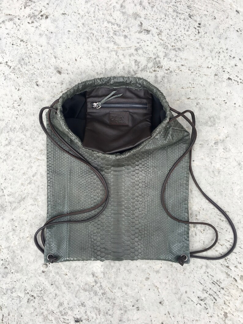 Python Leather Drawstring Backpack Drawstring Backpack Leather Sack Unisex Leather Rucksack Leather Gym Backpack