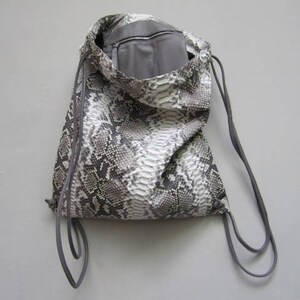 Grey Python Leather Drawstring Backpack, Unisex Leather Rucksack ...
