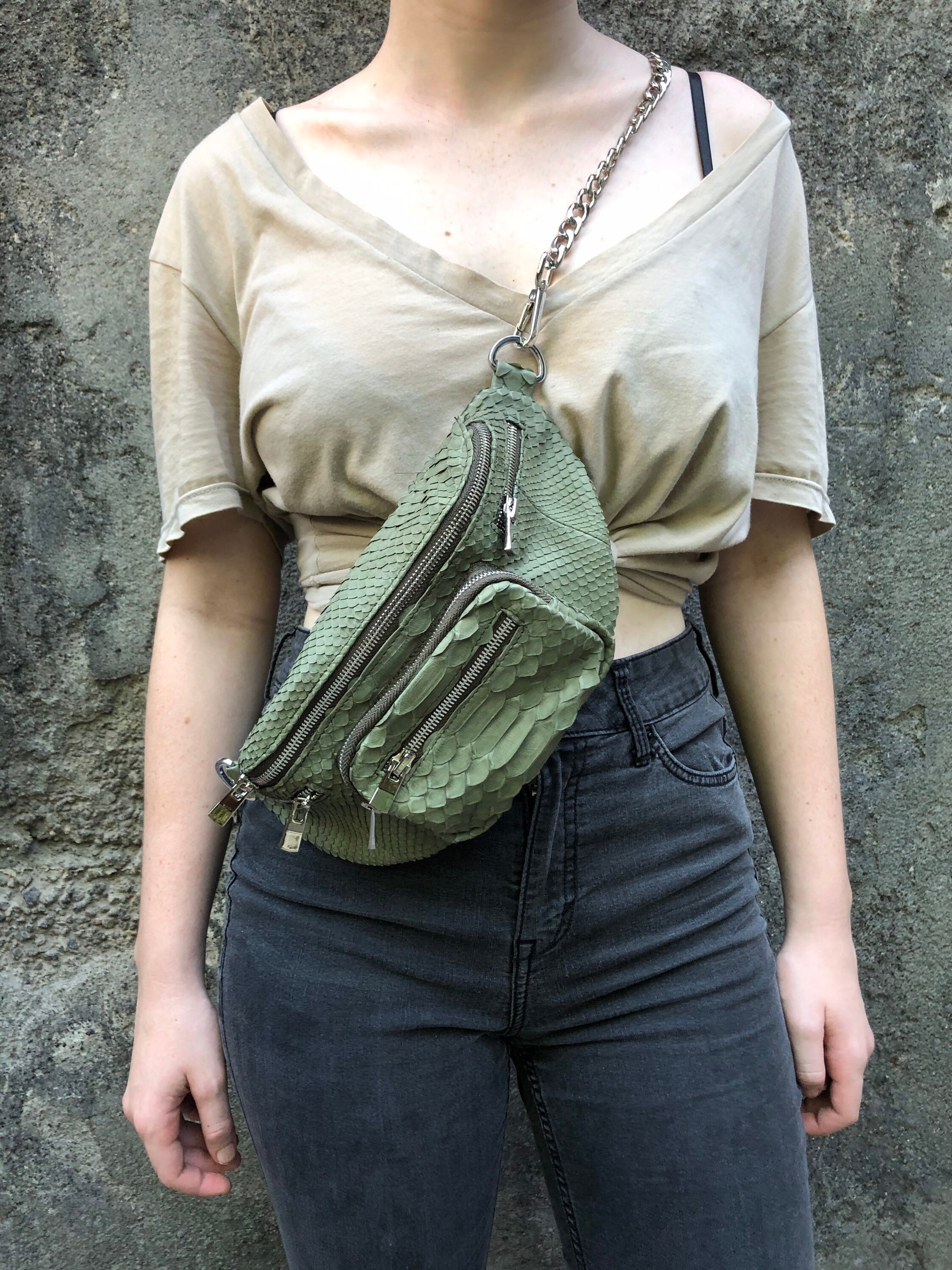 Khaki Python Leather Funny Pack Waist Bag Leather Bum Bag 