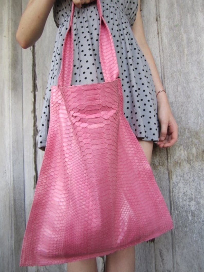 Pink Python Leather Slouchy Hobo Tote Soft Leather Large Tote