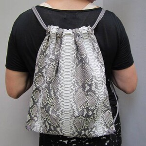 Grey Python Leather Drawstring Backpack, Unisex Leather Rucksack ...