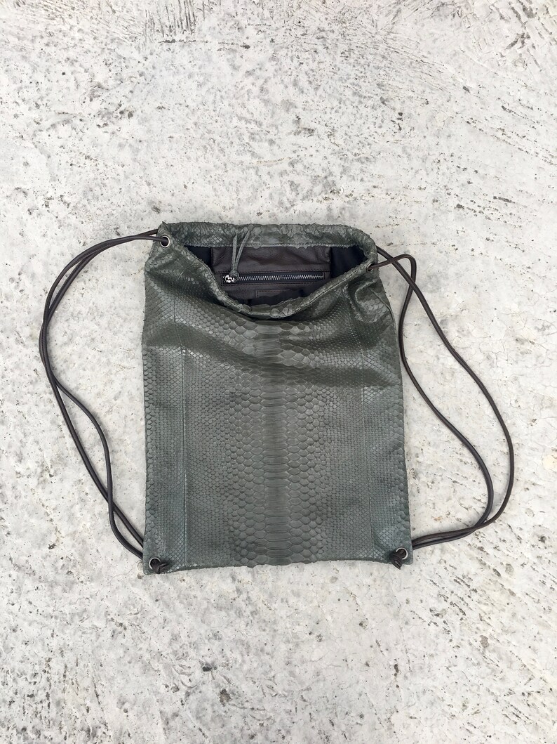 Python Leather Drawstring Backpack Drawstring Backpack Leather Sack Unisex Leather Rucksack Leather Gym Backpack