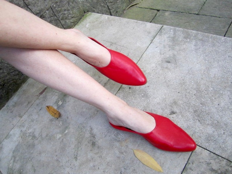 Red Leather Mules Flats With Fold 