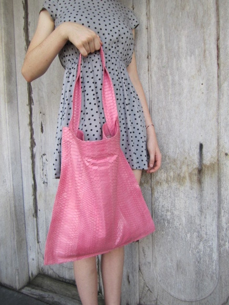 Pink Python Leather Slouchy Hobo Tote Soft Leather Large Tote