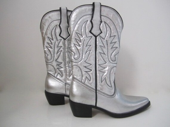 Silver Leather Cowboy Boots Western Boots US Size 10 Etsy