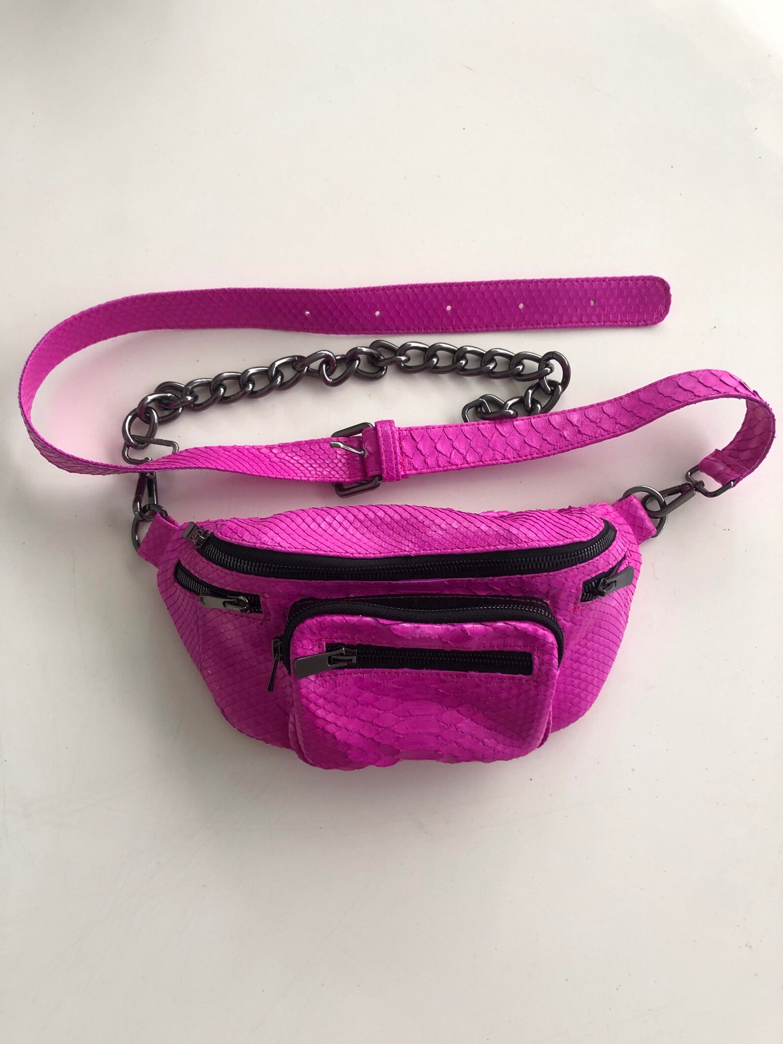 Hot Pink Python Leather Bum Bag With Chunky Chain Belt Etsy