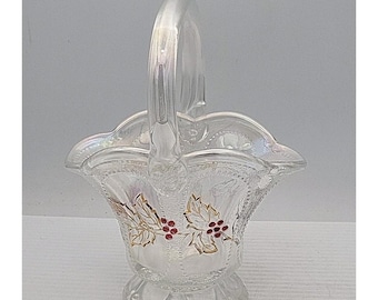 Vintage 18 cm MOSSER skimrande pärlpanel glaskorg bladguld röda körsbär