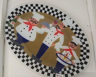 Plato ovalado de arte en vidrio fusionado Peggy Karr 3 Chefs Platter firmado